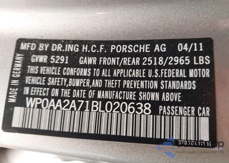 2011 Porsche Panamera 4 from USA, damaged, VIN WP0AA2A71BL020638